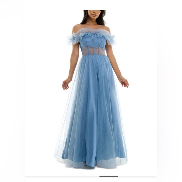 Juniors' Off-The-Shoulder Glitter Tulle Corset Gown - Picture 6 of 14